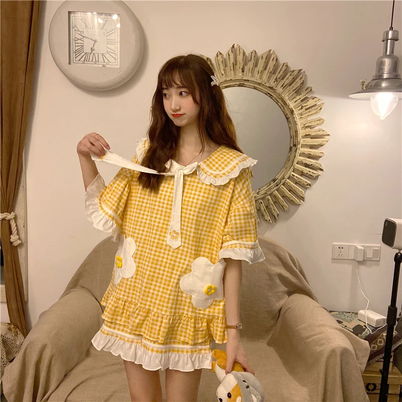 Popular Women Pajama Sets Plaid Ruffles Lovely Thin Summer Shorts Daily Floral Korean Style Fashion Loose New Cotton Sleepwear