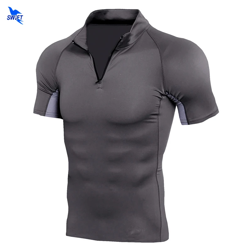 Half Zip Stretch Quick Dry Stand Collar Running Shirt Men Compression Crossfit Trainning Gym Fitness T-Shirt Sportswear Clothing