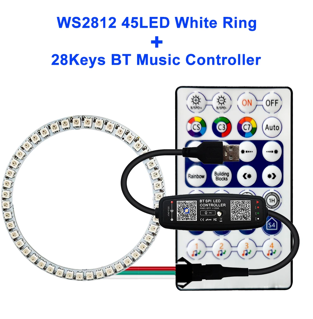 FUNZENXIN WS2812B Individuell adressierbarer LED-Ring 5050 RGB mit USB 28 Tasten Bluetooth-Musik-Controller-Kit BuiIt-in 8/16/24/35/45 Pixel 7