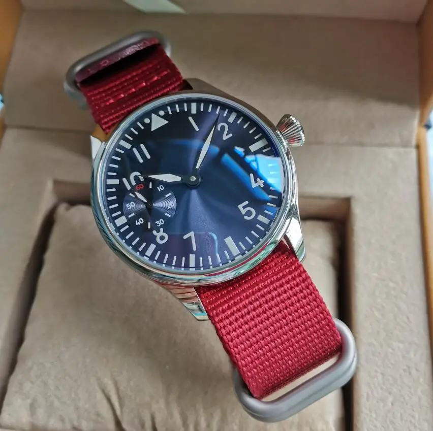 GEERVO No logo 44mm stile pilota meccanico vento a mano orologio da uomo stile retrò quadrante blu linee di raggi del sole fascia rossa luminosa
