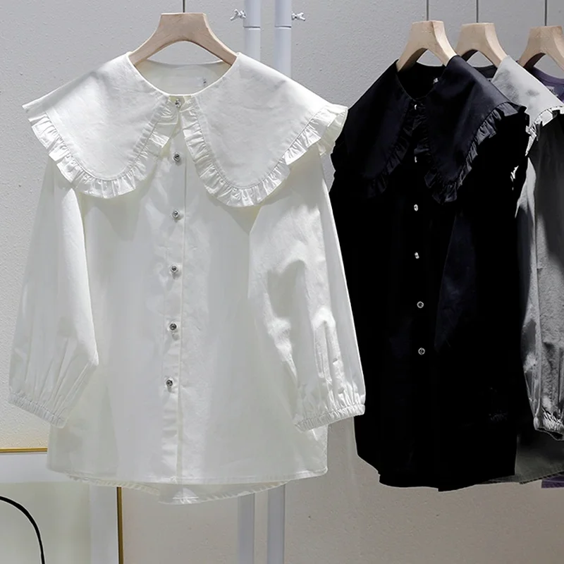 2024 New Solid Sweet Cotton Blouses Spring Fall Women Peter Pan Collar Tops Elegant Single Breasted Loose Lazy Shirts Femme