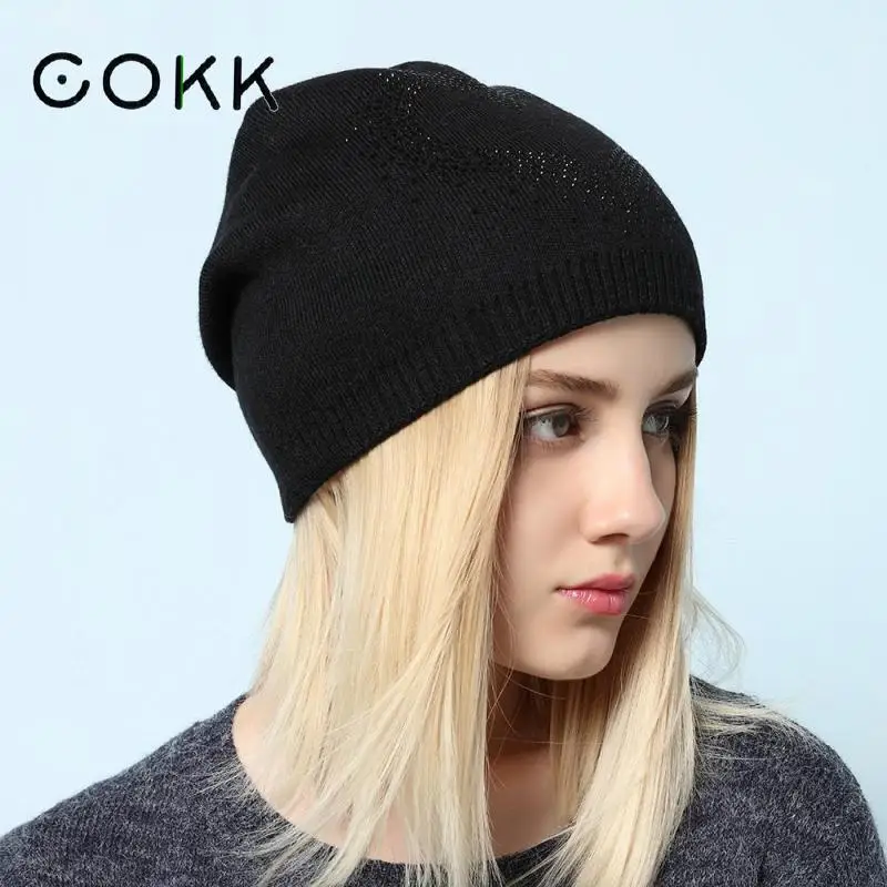 

COKK Hats for Women Winter Wool Beanie Hat Female Knitted Autumn Skullies Hat Ladies Warm Bonnet Cap Korean Black Gorro