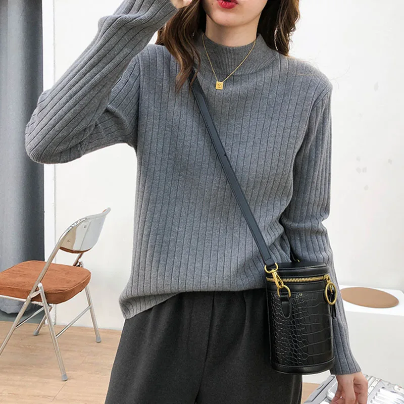 

2022 Knitted Half High Collar Sweaters Pullover Women Sweater Autumn Winter Jersey Mujer Slim Elasticity Ribbed Knit Pull Femme