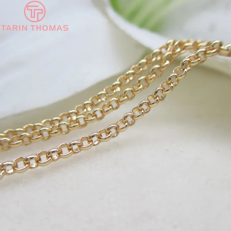 (4292)2 Meter 2MM 2.5MM 3MM 24K Champagne Gold Color Plated Brass Round Link Chains Necklace Chains Quality Jewelry Accessories