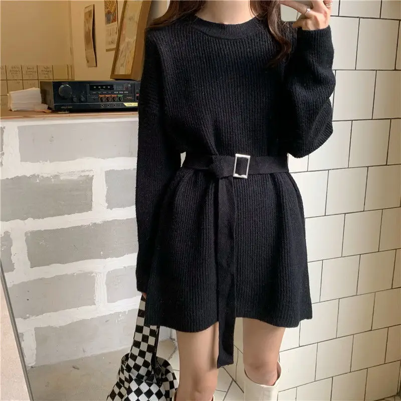 

HOUZHOU Autumn Winter Knitted Dress Women Loose Casual Elegant Vintage Sweater Dresses Korean Fashion Black Long Sleeve Robe