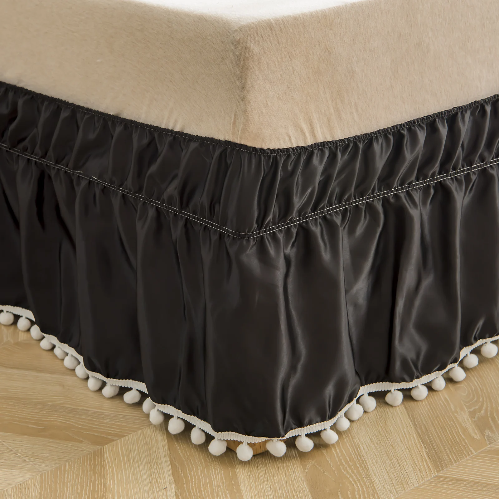 Black Satin Bed Skirt Luxury Black Silk Pom Poms Bed Skirt Bedding Solid Color Ball Fringe Satin Bed Skirt Dropship Bedding Set