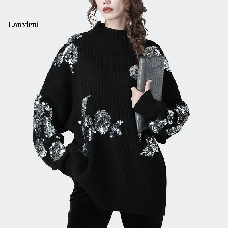 Women Fashion Beading Sequins Loose Knitted Sweaters Vintage High Collar Long Sleeve Female Pullovers Chic Tops