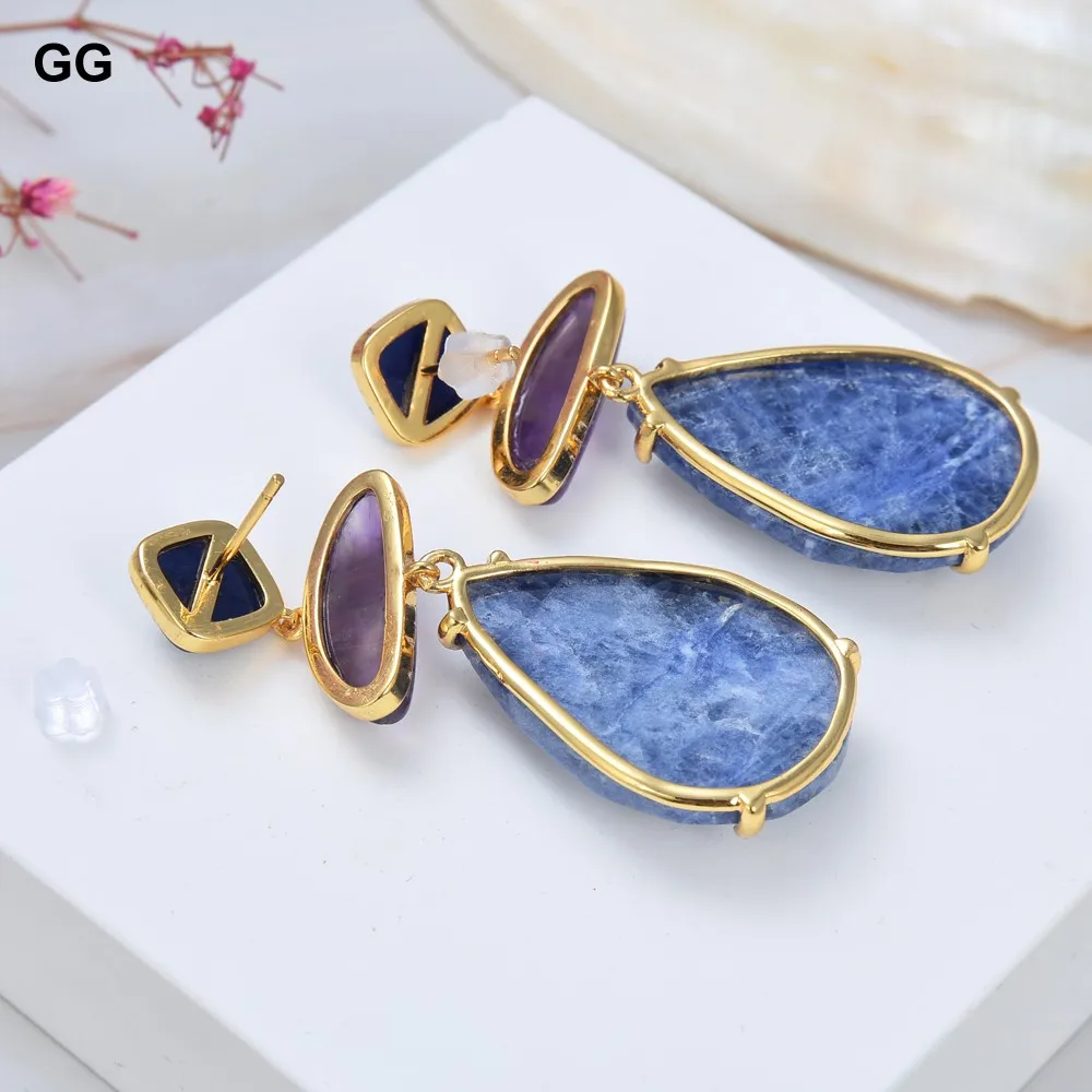 GuaiGuai Jewelry Natural Stone Natural Blue Sodalites Purple Amethysts Stud Earrings Classic For Women