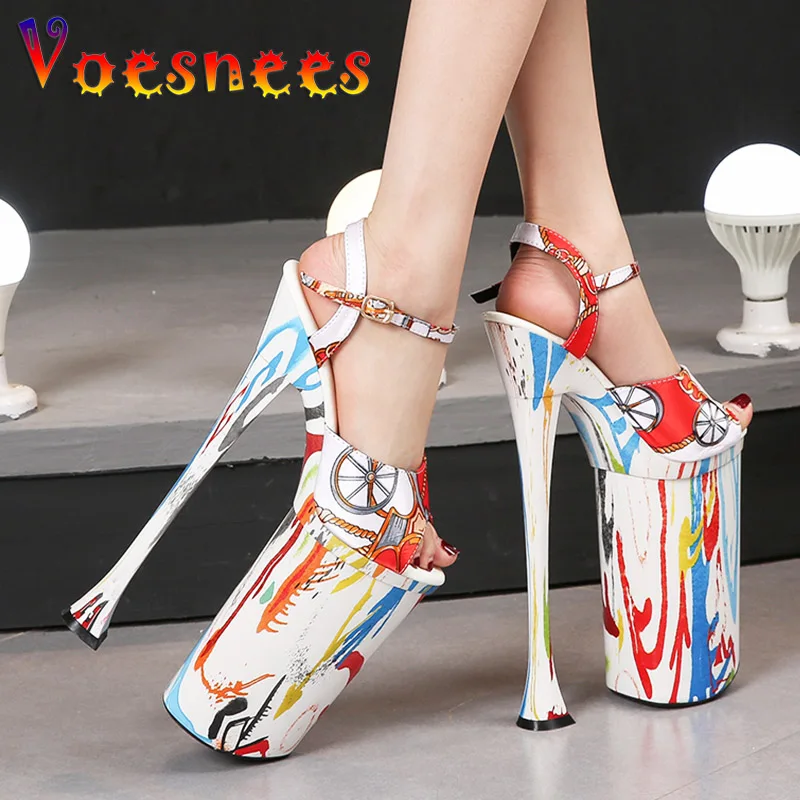 Voesnees 2021 Women New Printed Sexy Super High Heel Shoes Summer High Quality Silks Models 27CM Stage Catwalk Sandals Size 41