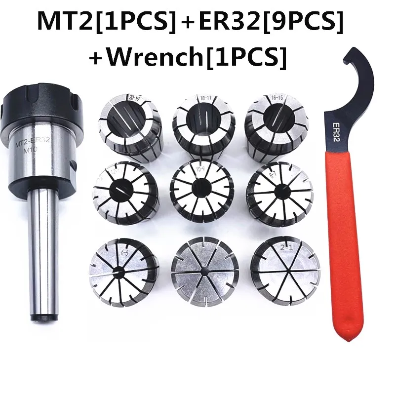 

1PCS ER32 Wrench+ER32 Spring Collets 9pcs Set and 1PCS MT2 ER32 M12/MT3 ER32 M12/MT4 ER32 M16 Extension Bar Of Milling Chuck