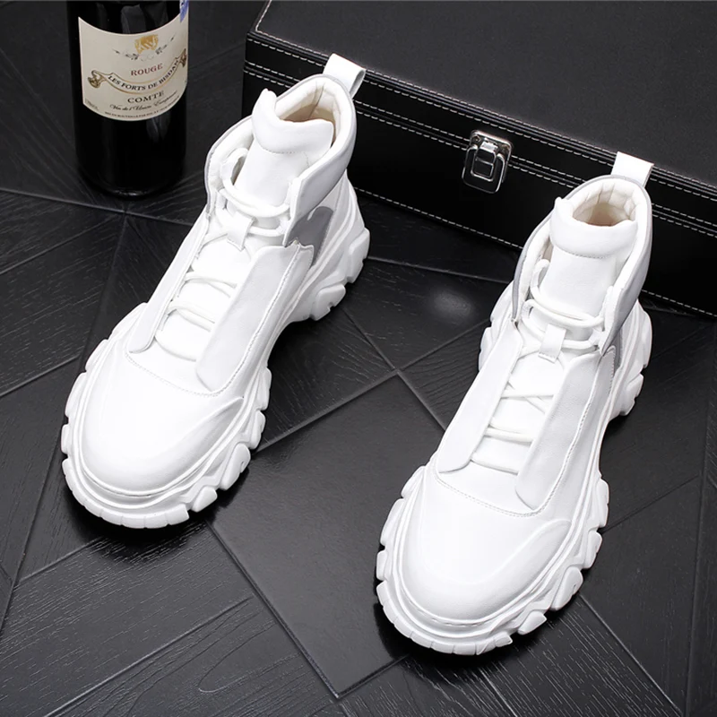 Korean casual mens boots cow leather shoes black white platform boot party banquet wear ankle botas masculinas zapatos de hombre