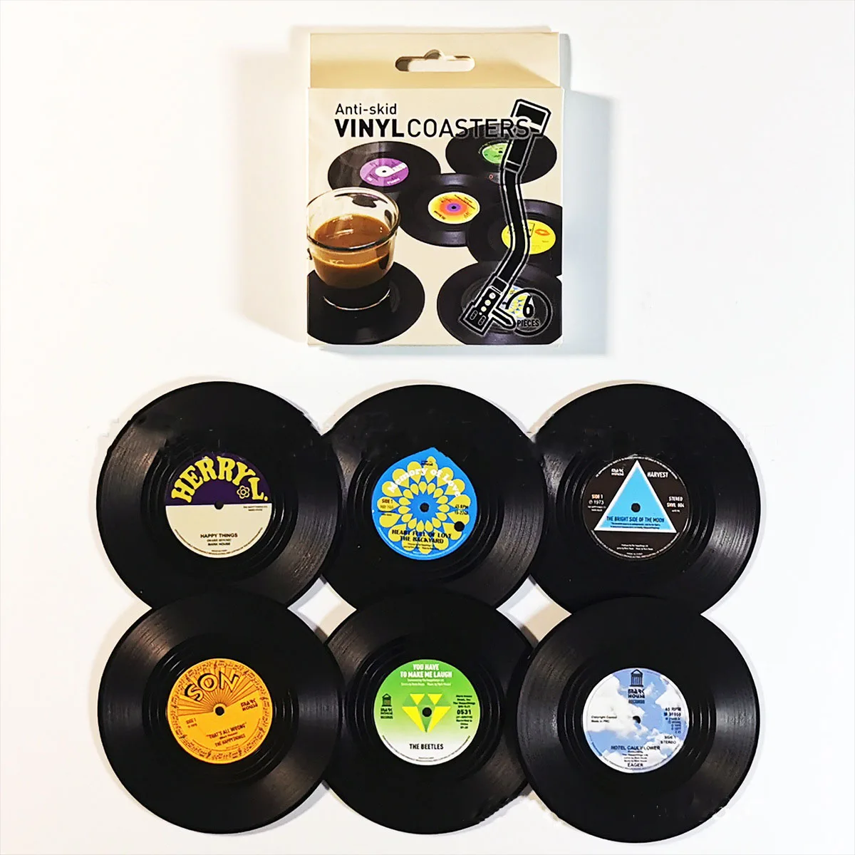 6 pcs Coasters Vinyl Record Disk Coaster for Drinks Rockabilly Vinyl Coaster Funny Labels Protect Furniture Water Marks Damage