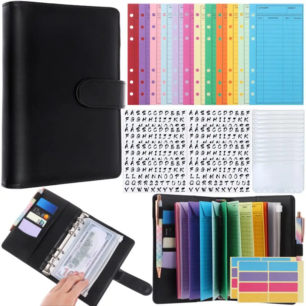 PU Leather Orçamento Organizador, Binder Envelope System, Etiqueta PVC Transparente, Cor Papel Revestido, Alfabeto Adesivos, 8 Folha