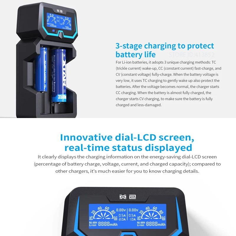 Szybka ładowarka XTAR X2 18650 – wyświetlacz LCD, ładuje akumulatory litowo-jonowe 3,6 V/3,7 V (14500-26650) i 1,2 V AAA/AA