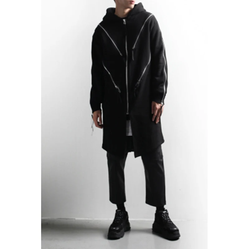 S-4XL Early Spring New Zip Decoration Hip Hop Loose Trend Hooded Long Jacket Personality Trendy Men's Cardigan Top