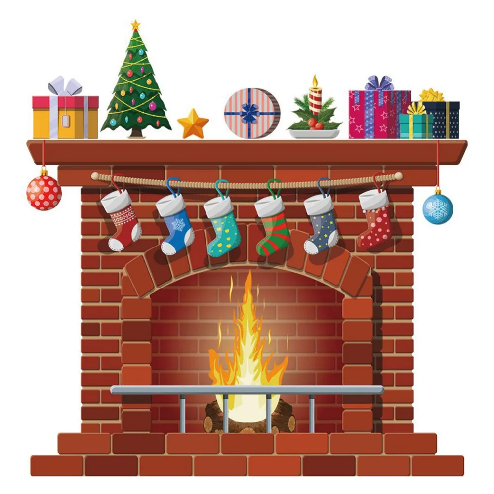 Christmas Fireplace Wall Sticker Vinyl Wallpaper New Year Decor For Living Room Bedroom Decoration DIY Santa Decal Xmas Mural