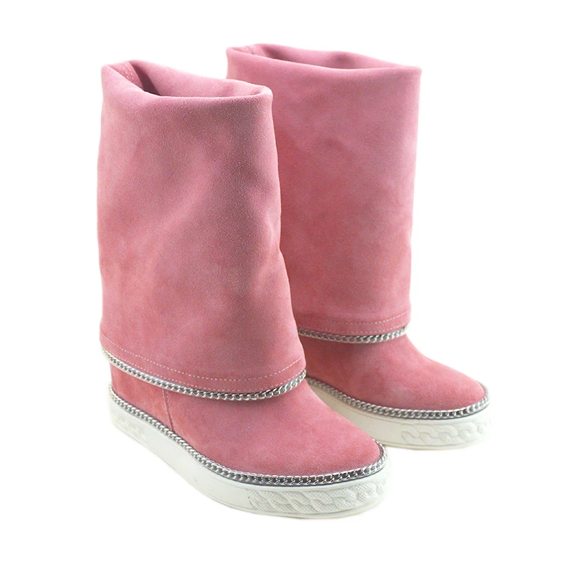 Royal Blue Pink Yellow Suede Fine Chains Middle Boots Inner Wedge Height Increased Round Toe Slip On Roman Boots - view 5