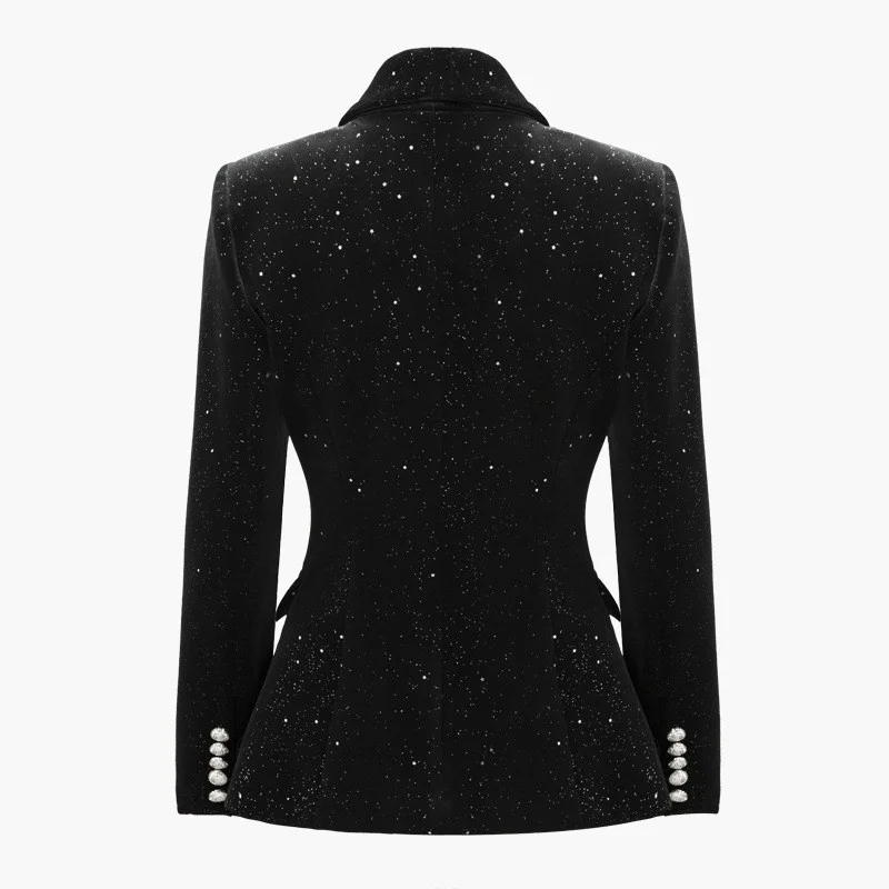 

Women New Slim Fit Fashion Stars Speckled Blazers Jacket Punk Double Breasted Stage Show Coat Black Glitter Party Outwear Blazer