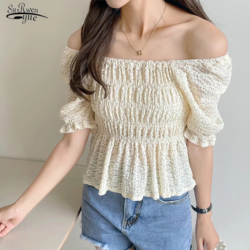 

Summer New Short Sleeve Simple Tops Sexy Slash Neck Clavicle Puff Sleeve Shirt Female Hollow Out Pleated Slim Waist Blouse 16070