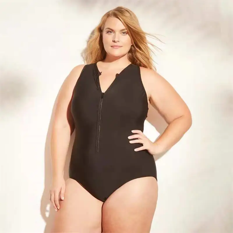 Women\'s Plus Size Swimsuits One Piece Zip Front Bathing Suits Fused Large Female Swimwear Padded Black Bodysuit 4XL Monokini