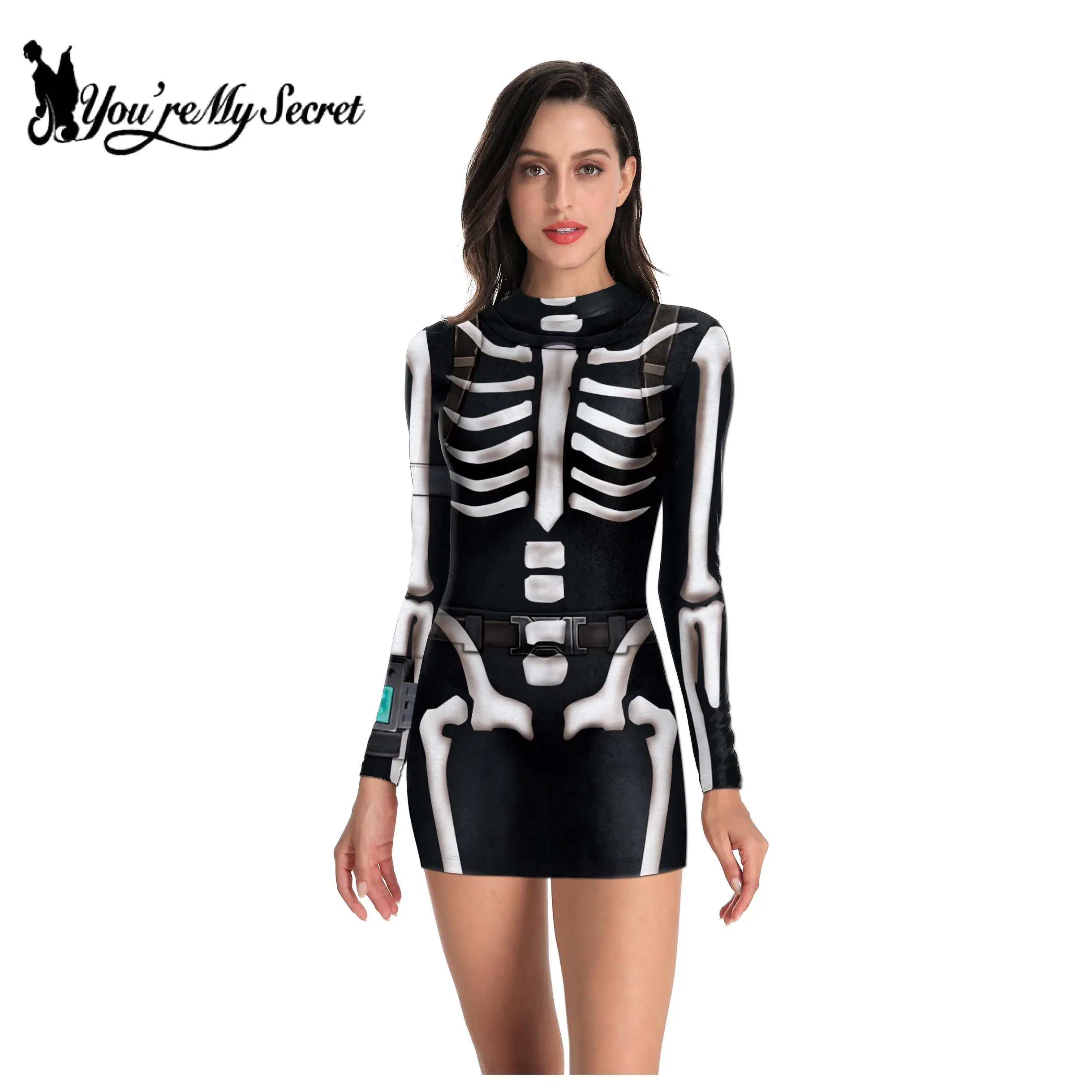 [You're My Secret] Halloween Party Dress 3D Skeleton Print Women Long Sleevele Gothic Harajuku Dress Sexy Street Ladies Clothing