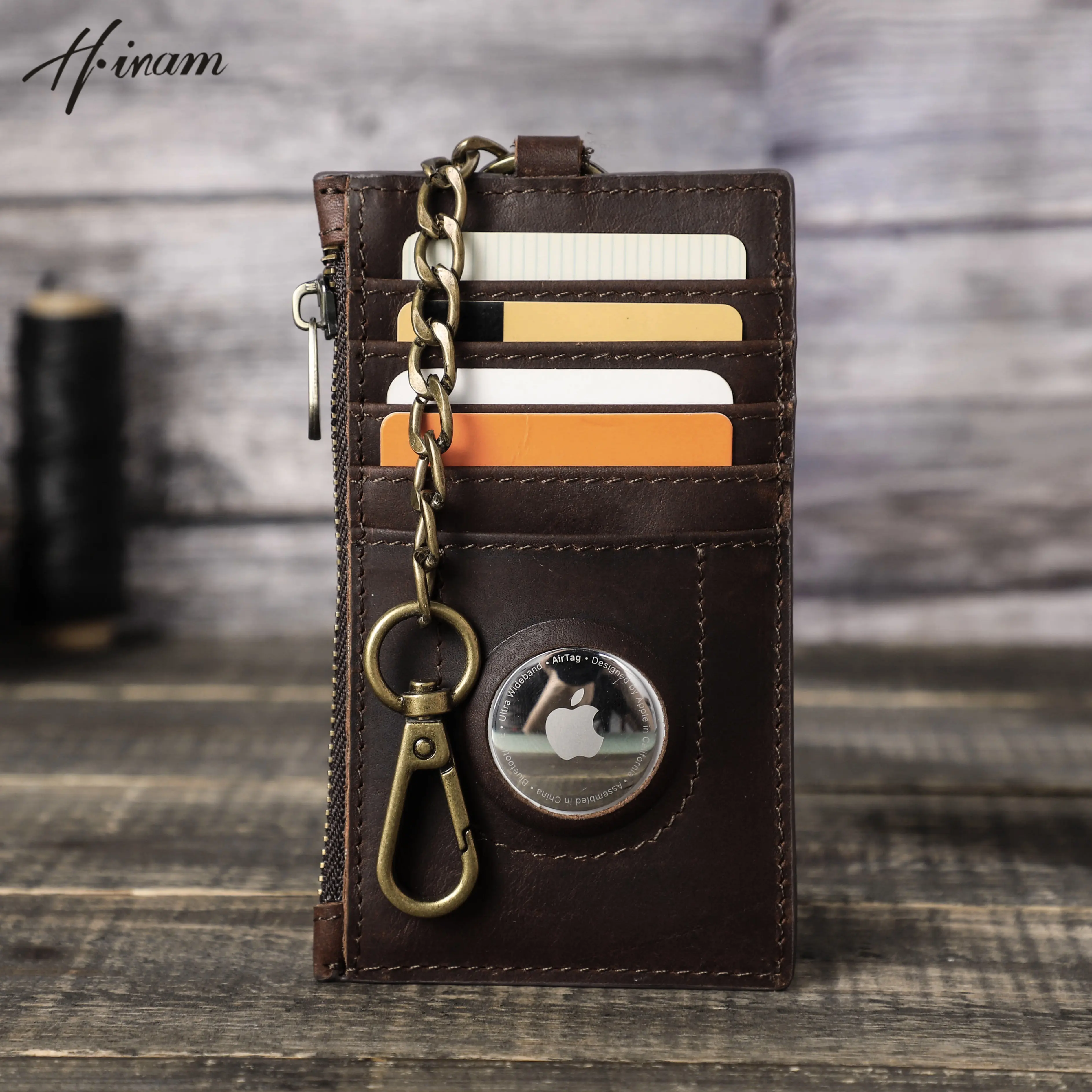 Hiram Genuine Leather Card Holder Wallet With Keychain Airtag Case Luxury Men Rfid Name Laser Engrave Slim Thin Coin Purse