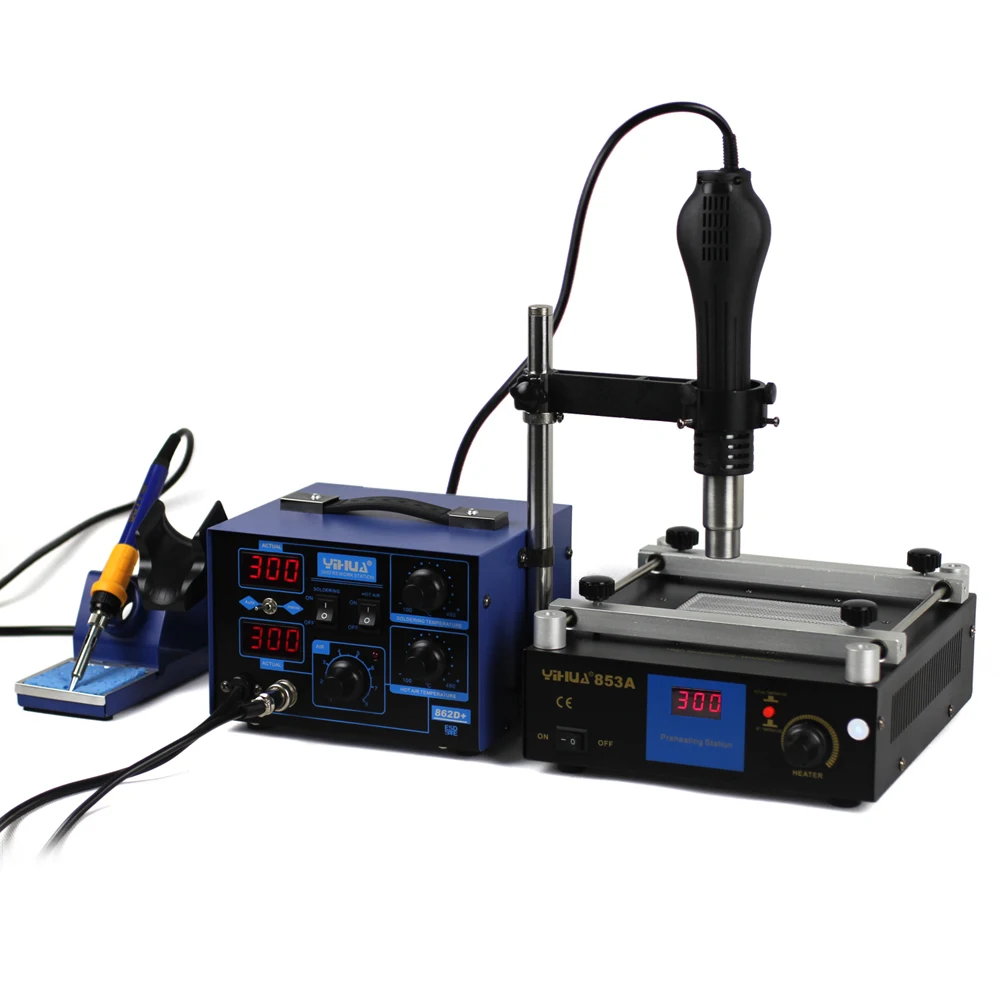 YIHUA 862D+ 2 in 1 Soldering station 650W SMD Hot Air Gun + 60W Soldering Iron + 600W YIHUA 853A Preheating Station