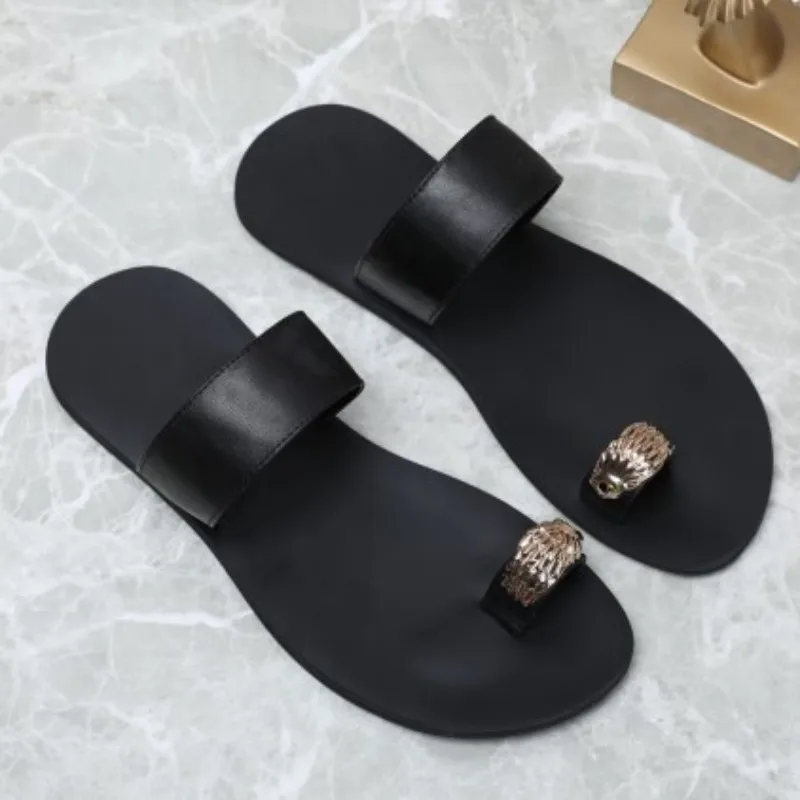 Men Outdoor Genuine Leather Slippers Summer Fashion Beach Slippers Breathable Solid Color Leisure Flip Flops Oversize 36-45