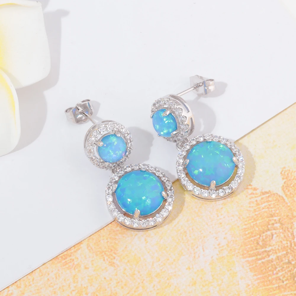 CiNily Blue & White & Green Fire Opal Long Earrings Silver Plated Round Filled Earring With Stone Luxury Large Jewelry Woman