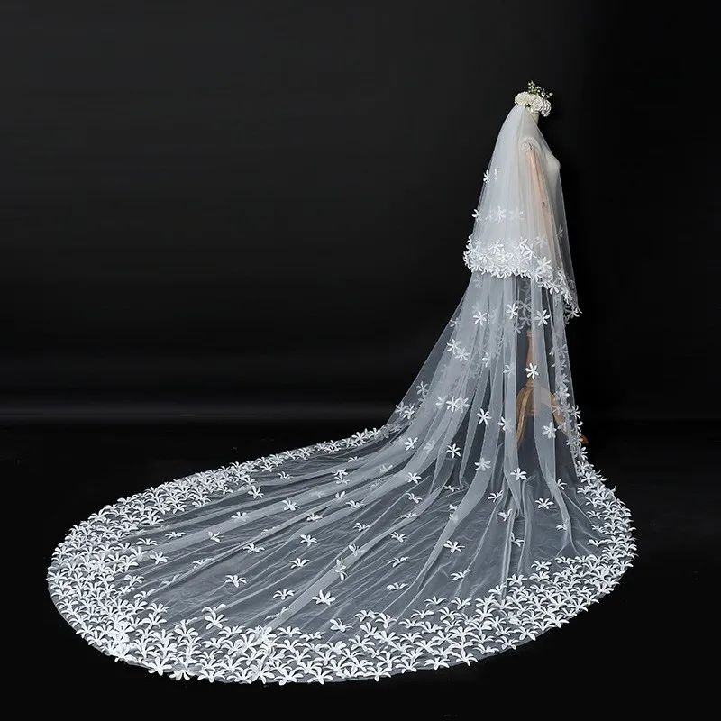 New Arrival Two Layers Ivory Bridal Veils Flower Appliques wedding veil Sexy Cathedral wedding accessories matrimonio