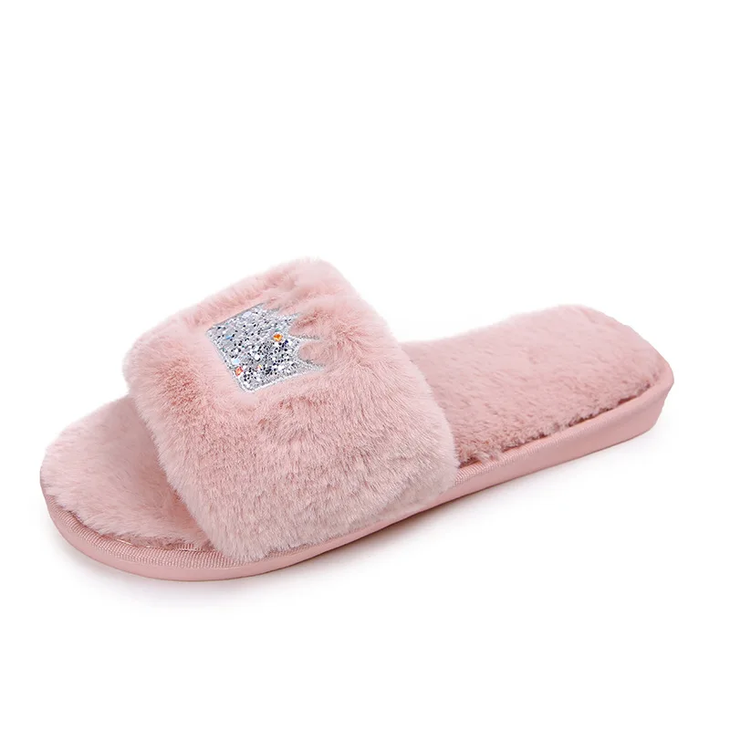 Women Fur Slippers Winter Plush Warm Flat Indoor Shoes Female Fashion Crown Pattern Home Pink Women Fluffy Slippers Slides