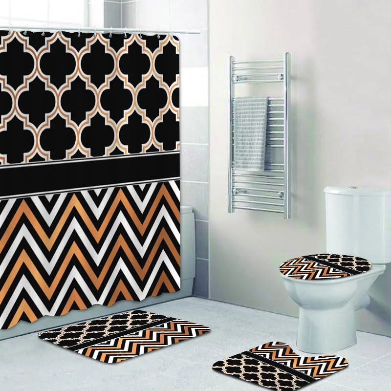 Modern Chevron Quatrefoil Geometric Shower Curtain Set for Bathroom Abstract Zigzag Dot Bath Curtains Mats Rugs for Toilet Decor