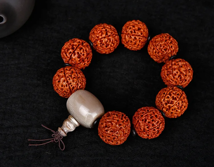 20-22mm Six Petal Rudraksha & Ox Horn Beads Tibet Buddhism Amulet Bracelet