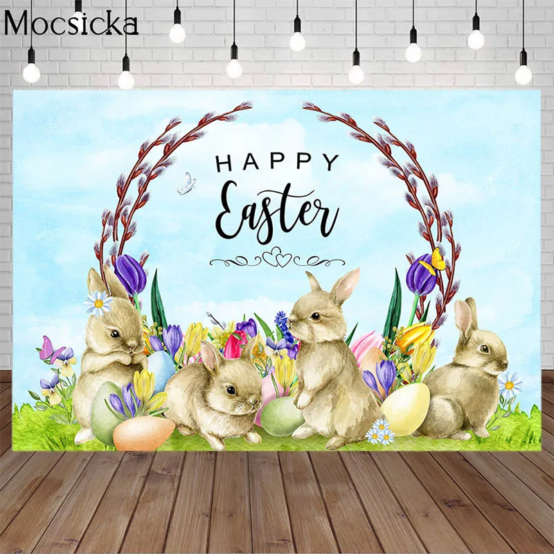 

Spring Easter Photography Backdrop Fresh Flowers Easter Egg Rabbit Decor Bunny Child Birthday Portrait Background Photo Studio