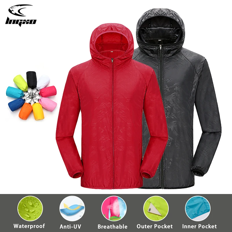 LNGXO unisex wodoodporna kurtka sportowa na świeżym powietrzu mężczyźni kobiety piesze wycieczki Camping Trekking szybkoschnąca wiatrówka chroniąca przed słońcem płaszcz przeciwdeszczowy