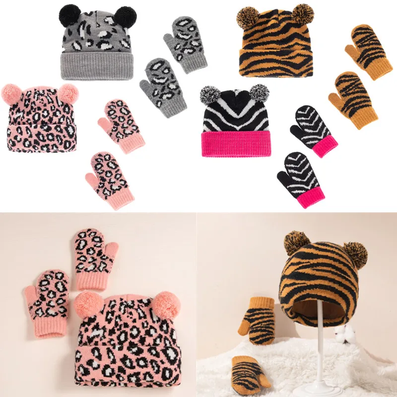 Leopard Tiger Pattern Children Hat Gloves Kit Jacquard Wool Winter Warm Baby Hat Bonnet Fluffy Hairballs Newborn Beanie Cap