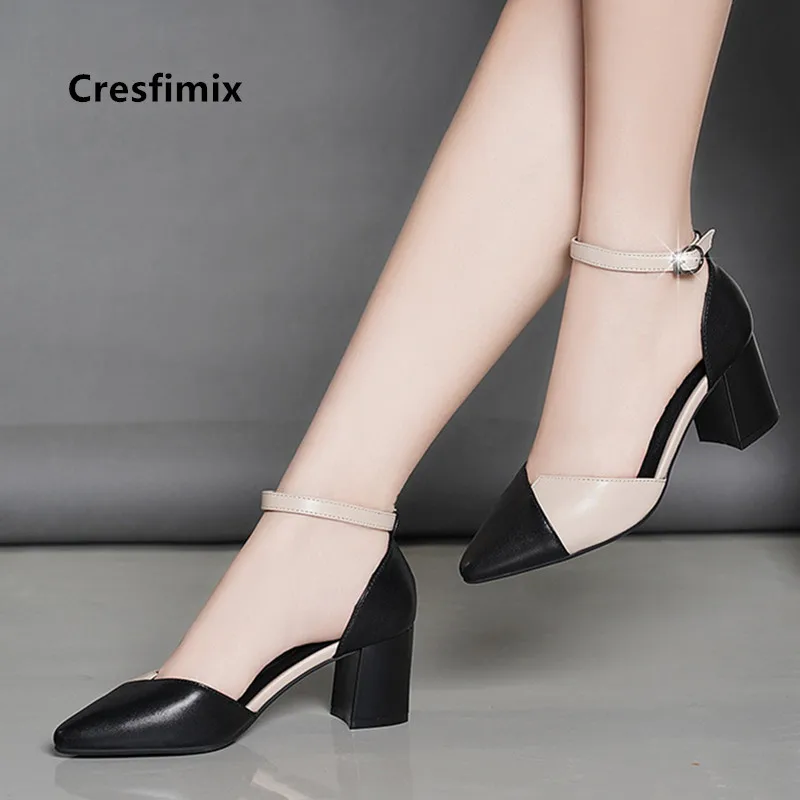 Cresfimix sapatos azuis women cute sweet buckle strap high heel pumps ladies casual black pu leather high heel shoes a5777