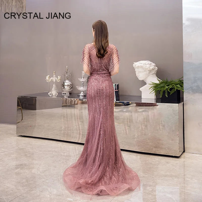 Luxury Evening Dresses Long Sexy V Neck Lace Crystal Beaded Dusty Pink Mermaid Evening Party Gown