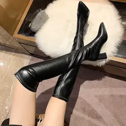 New Women's Top Resiliency Pu Leather Over The Knee Boots Slip on Thick High Heel Platform Thigh Boots Ladies Fashion Shoes