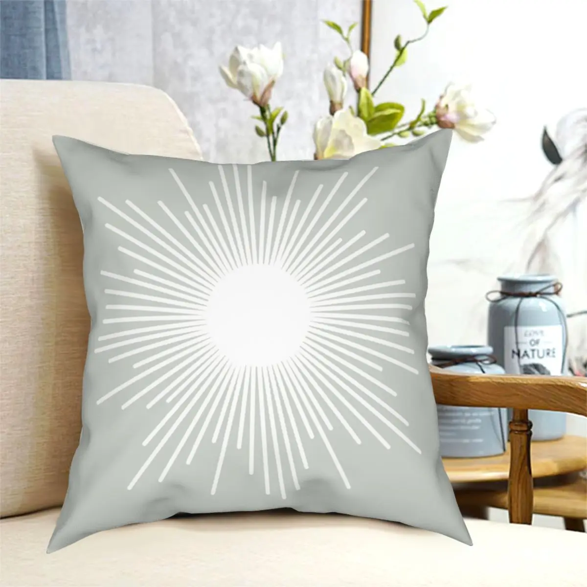 Sunburst Minimalist Sun In Pale Sage Grey And White Square Pillowcase Creative Zipper Decorative Pillow Case Sofa Cushion Cover