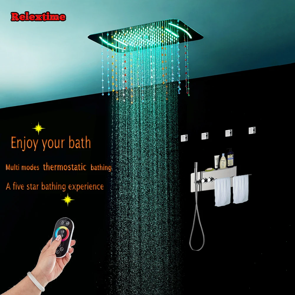 

Crystal quartz Nozzle Glow LED Ceiling Shower Head Bathroom Concealed Thermostatic Shower Panel With Towel Shelf Massage Jets