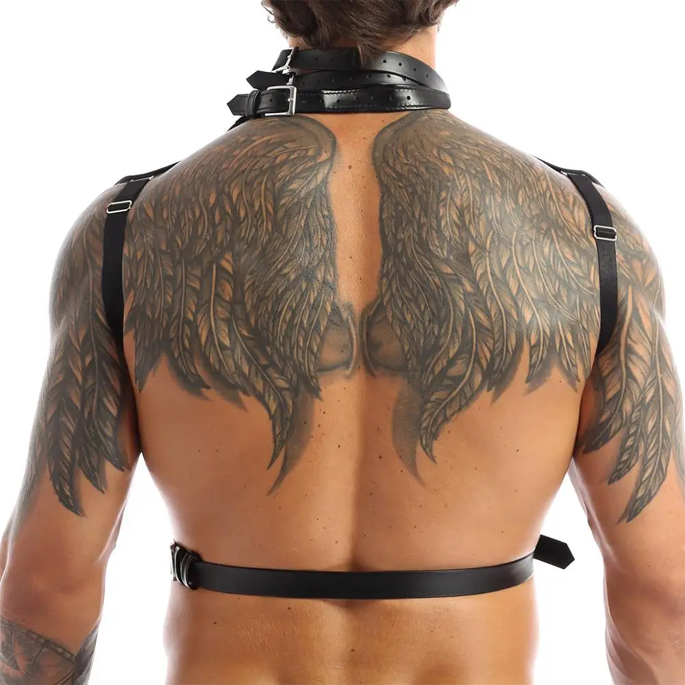 Mens Body Chest Harness Belt Faux Leather Halter Neck Adjustable Buckles with O-rings Fancy Costume Muscle Sexy Clubwear Straps