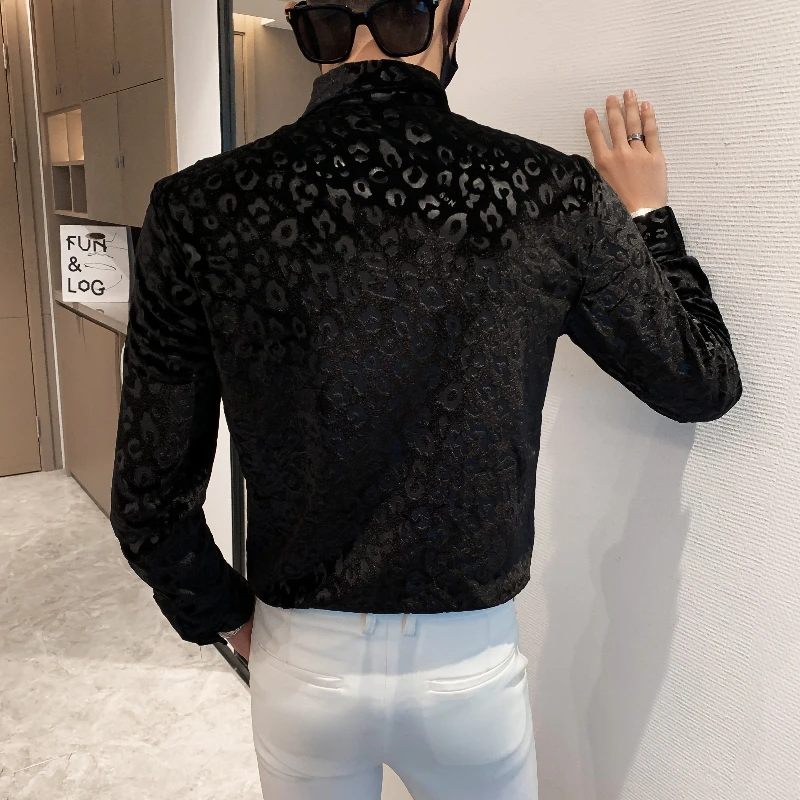 Leopard Print Velvet Men\'s Shirt 2021 Autumn Winter Keep Warm Long Sleeve Slim Fit Casual Shirt Social Business Men Clothing