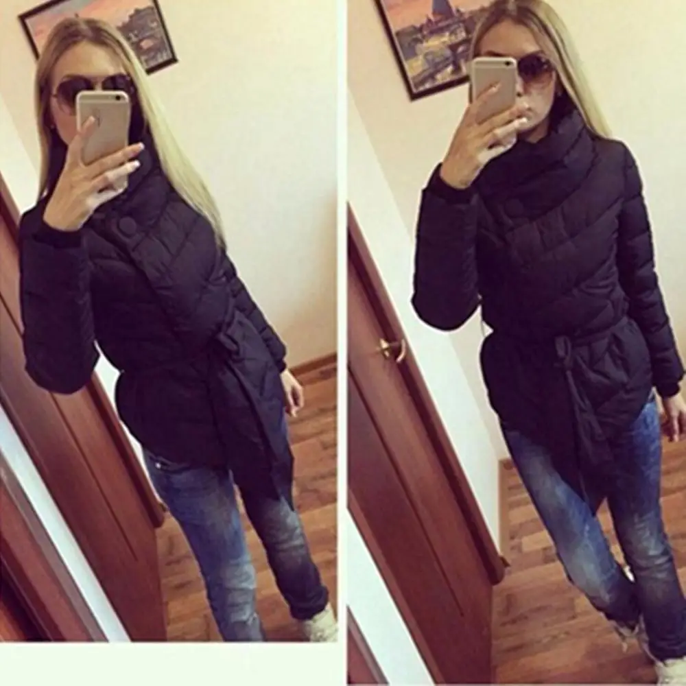 Autumn and Winter Single Breasted Women\'S Casual fashion Thin Short Coat High Neck Sashes Button Coats Warm Sashes Jacket