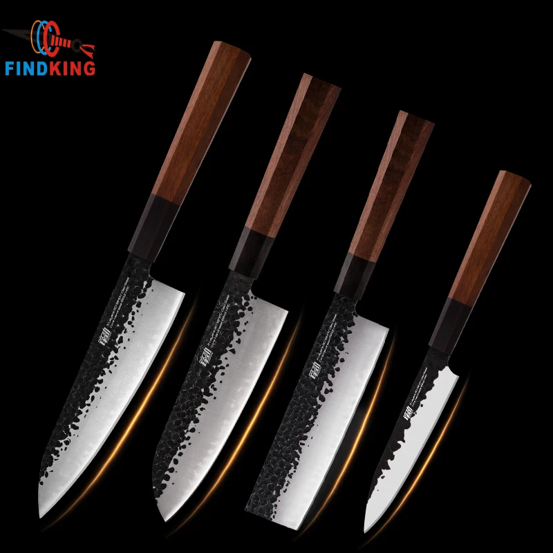 

FINDKING 4 pcs Quality Kitchen Knives Set Clad Steel 9 inch Chef Knife 7'' Nakiri Santoku Octagonal Design Handle Utility Knives