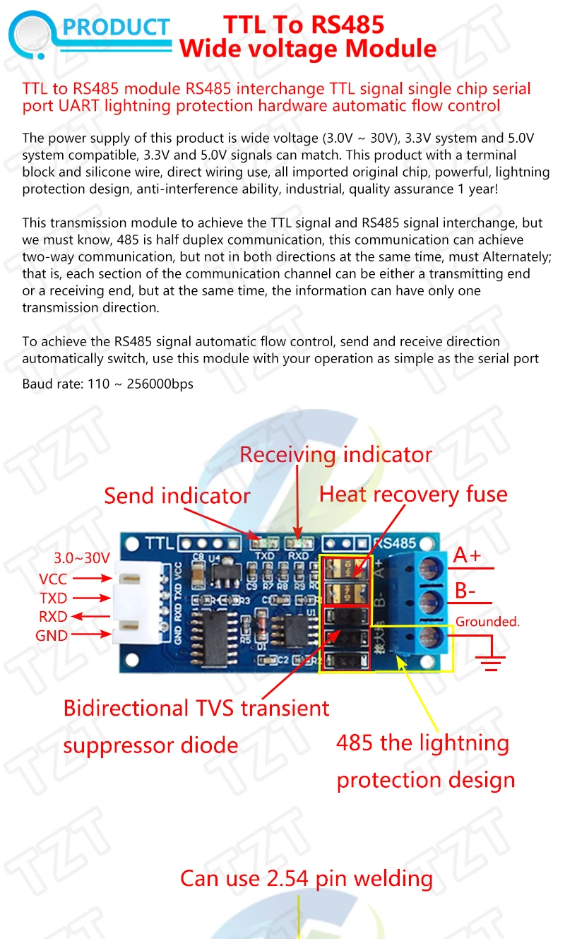 TZT TTL Turn To RS485 Module Hardware Automatisches Flow Control Modul Serielles UART Level Gegenseitige Konvertierung Stromversorgungsmodul – Detail 7