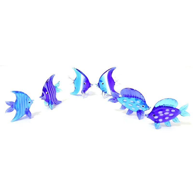 2Pcs Blue Murano Glass Sea Fish Mini Figurines Aquarium Decoration Craft Ornaments Accessories Cute Marine Animals Small Statues