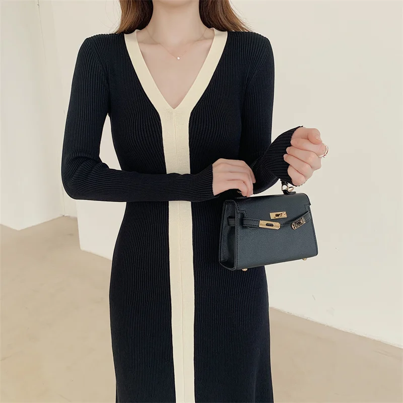 

2022 Woman Warm Patchwork Jumper Dresses Thick Sweater Dress Women Pollover Knitted Solid Casual Winter Korean V Neck Vestidos