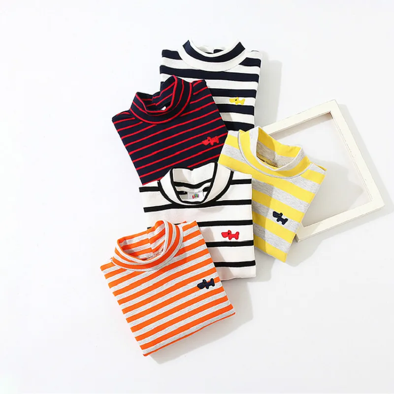 2024 Spring Autumn Winter 2 3 4 6 8 10 Years Cartoon High Neck Pullover Basic Turtleneck Striped Soft T-Shirt For Kids Baby Boy