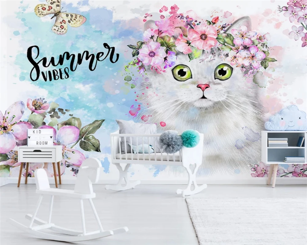 

WELLYU Customized modern 3d wallpaper Nordic minimalistic flower cat children's room background papel de parede papier peint3D